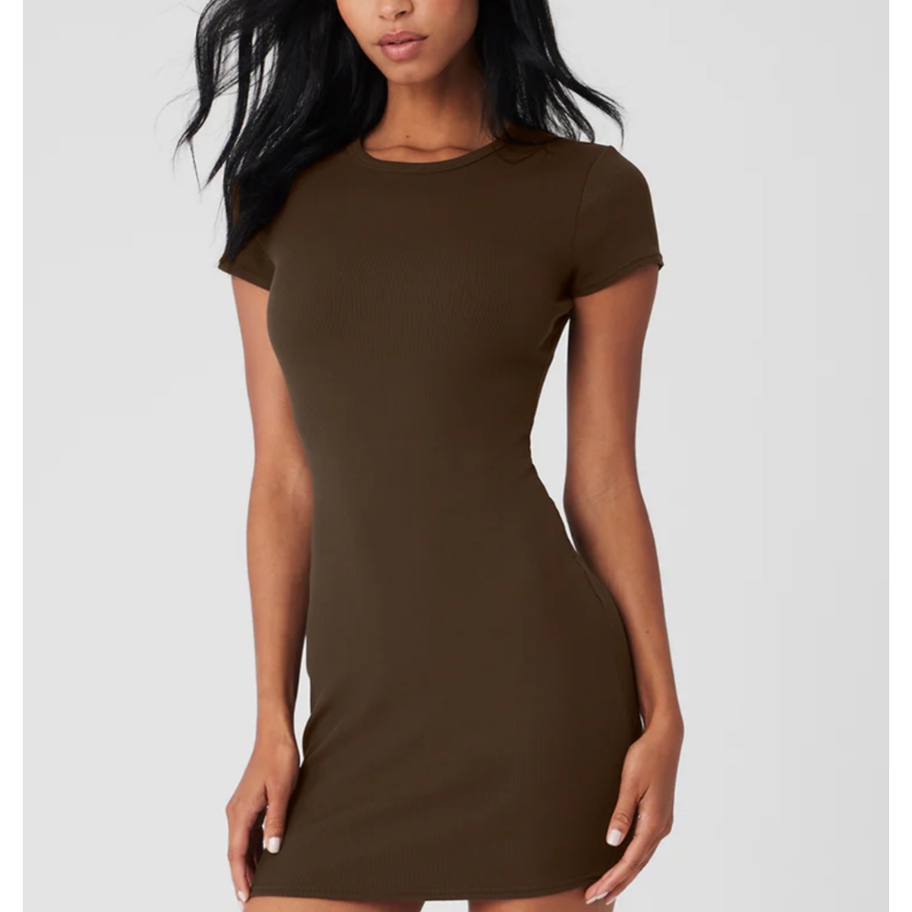 ALO Yoga Goddess Ribbed Short Sleeve Dress in Espresso